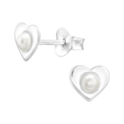 Silver Heart Ear Studs with Synthetic Pearl