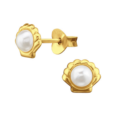 Shell Sterling Silver Ear Studs with Sythetic Pearl