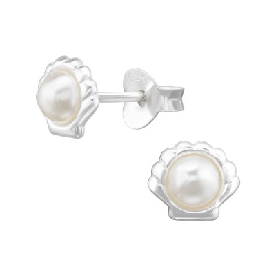 Shell Sterling Silver Ear Studs with Synthetic Pearl