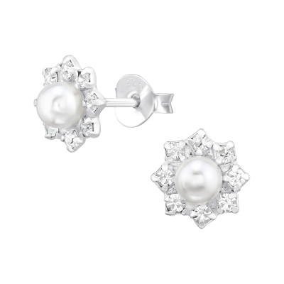 Halo Sterling Silver Ear Studs with Synthetic Pearl and Crystal