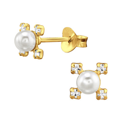 Cross Sterling Silver Ear Studs with Synthetic Pearl and Crystal