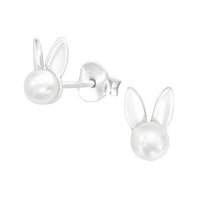 Silver Rabbit Ear Studs with Synthetic Pearl