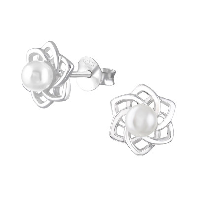 Silver Flower Ear Studs with Synthetic Pearl