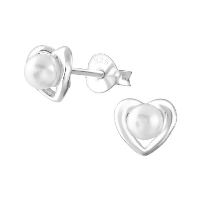 Silver Heart Ear Studs with Plastic Pearl