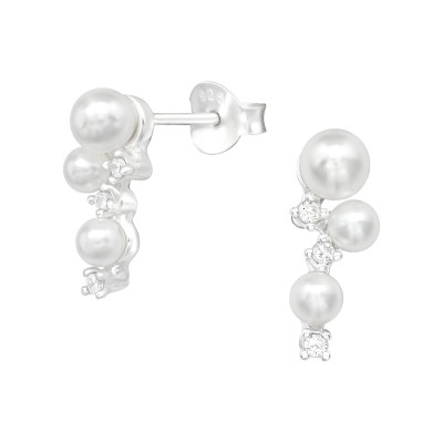 Silver Geometric Ear Studs with Cubic Zirconia and Pearl