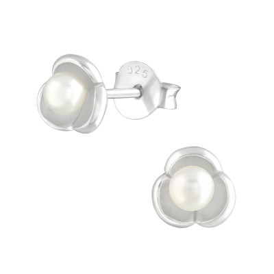 Silver Flower Ear Studs with Synthetic Pearl