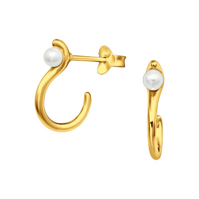 Silver Snake Half Hoop Ear Studs with Glass Pearl