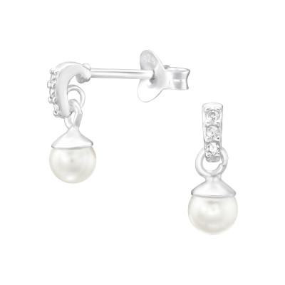 Silver Ear Studs with Cubic Zirconia and Hanging Plastic Pearl