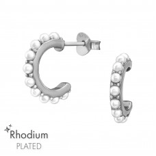 Silver Half Hoop Ear Studs with Imitation Pearl