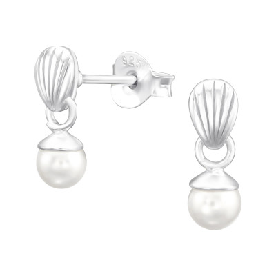 Silver Shell Ear Studs with Hanging Glass Pearl