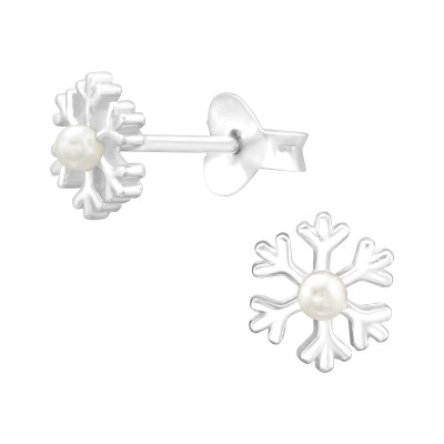 Silver Snowflake Ear Studs with Synthetic Pearls