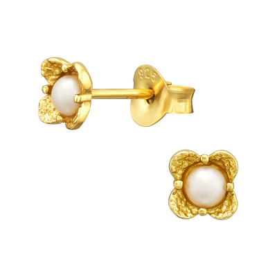 Silver Flower Ear Studs with Synthetic Pearl