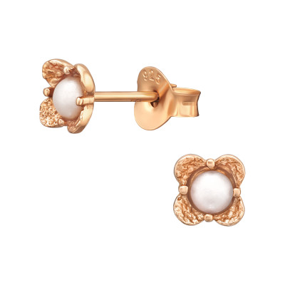 Silver Flower Ear Studs with Plastic Pearl