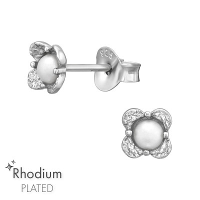 Silver Flower Ear Studs with Plastic Pearl