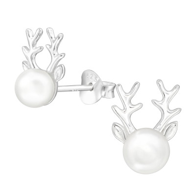 Silver Deer Ear Studs with Synthetic Pearl