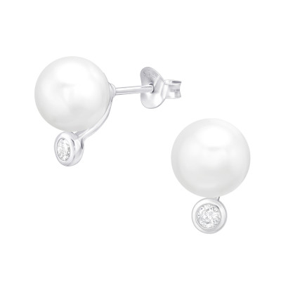 Silver Geometric Ear Studs with Cubic Zirconia and Synthetic Pearl