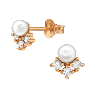 Silver Flower Ear Studs with Cubic Zirconia and Plastic Pearl