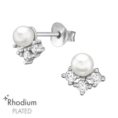 Silver Flower Ear Studs with Cubic Zirconia and Plastic Pearl