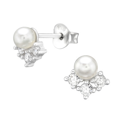 Silver Flower Ear Studs with Cubic Zirconia and Plastic Pearl