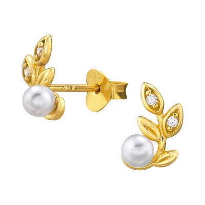 Branch Sterling Silver Ear Studs with Cubic Zirconia and Plastic Pearl