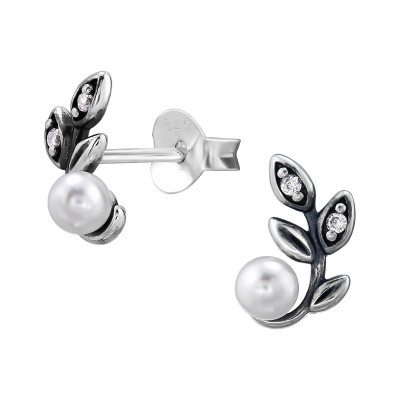 Branch Sterling Silver Ear Studs with Cubic Zirconia and Imitation Pearl