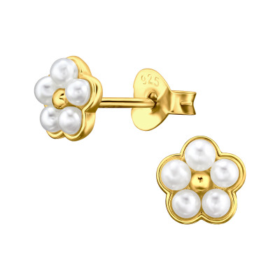 Flowers Sterling Silver Ear Studs with Plastic Pearl