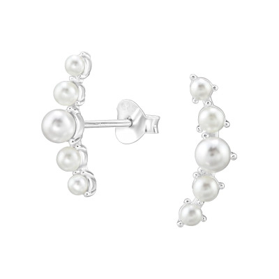 Curved Sterling Silver Ear Studs with Imitation Pearl