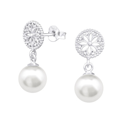 Silver Flower Ear Studs with Hanging Snythetic Pearl