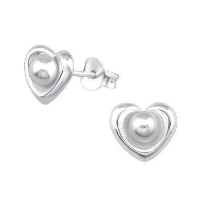 Silver Heart Ear Studs with Synthetic Pearl