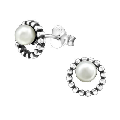 Silver Round Ear Studs with Synthetic Pearl