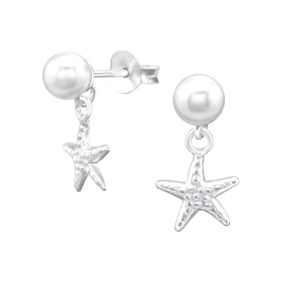 Silver Synthetic Pearl Ear Studs with Hanging Starfish 