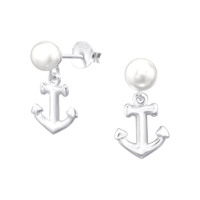 Silver Anchor Ear Studs with Synthetic Pearl
