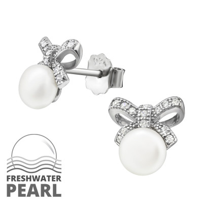 Bow Sterling Silver Ear Studs with Cubic Zirconia and Pearl