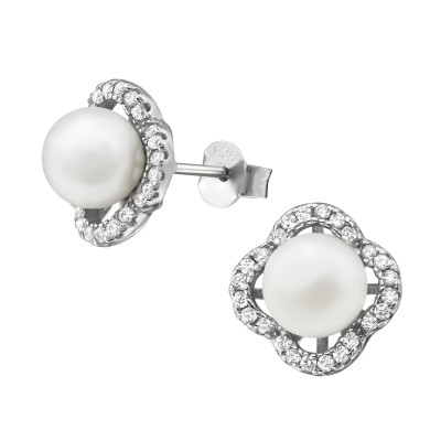 Silver Flower Ear Studs with Cubic Zirconia and Snythetic Pearl