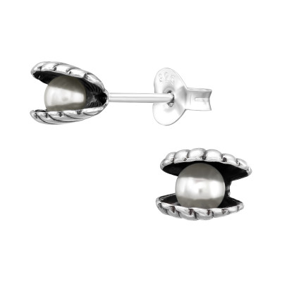 Silver Shell Ear Studs with Synthetic Pearl