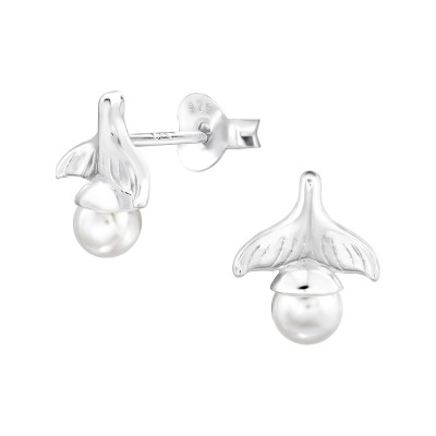 Whale Tail Sterling Silver Ear Studs with Plastic Pearl