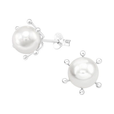 Silver Flower Ear Studs with Synthetic Pearl