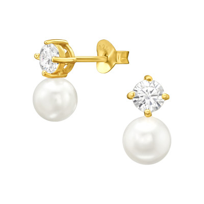 Silver Duo Stone Ear Studs with Cubic Zirconia and Plastic Pearl