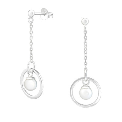 Silver Ball Ear Studs with Hanging Chain Synthetic Pearl