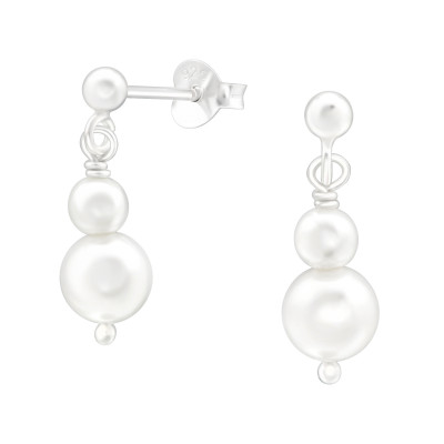 Silver 3mm Ball Ear Studs with Hanging Glass Pearl