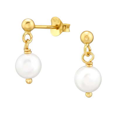 Silver 3mm Ball Ear Studs with Hanging Glass Pearl