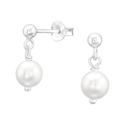 Silver 3mm Ball Ear Studs with Hanging Glass Pearl