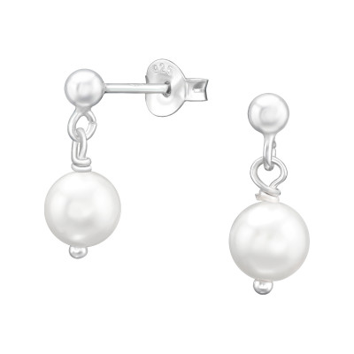 Silver 3mm Ball Ear Studs with Hanging Glass Pearl