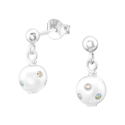 Silver Ball Ear Studs with Hanging Pearl and Crystal