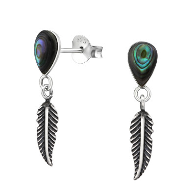 Silver Pear Ear Studs with Imitation Stone and Hanging Feather