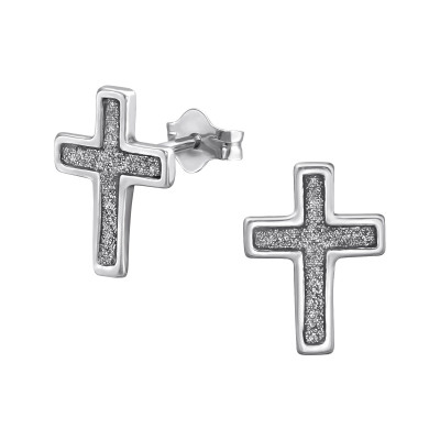 Silver Cross Ear Studs with Glitter Inlay