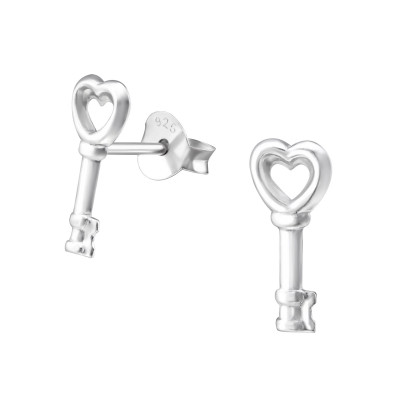 Silver Key Heart Ear Studs