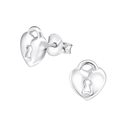 Heart Padlock Sterling Silver Ear Studs