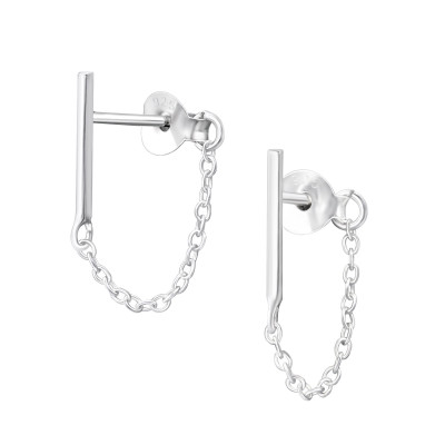 Bar with Hanging Chain Sterling Silver Ear Studs