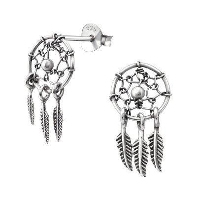 Silver Dream Catcher Ear Studs with Hanging Feather